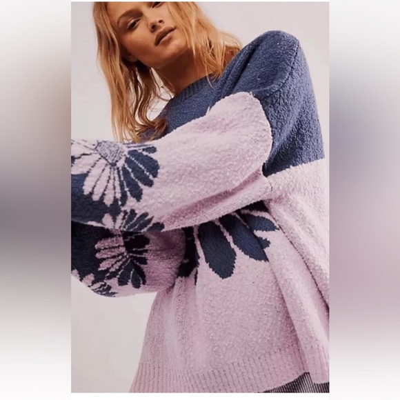 Free People In The Bloom Sweater Floral Colorblock Ribbed Hem Lilac Combo - Picture 3 of 6